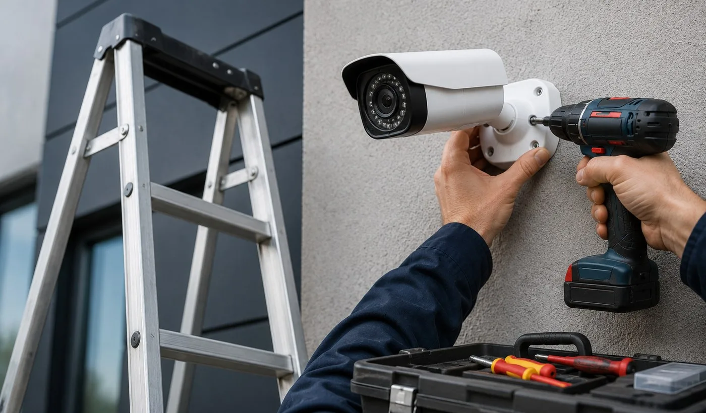 Security camera installation on a building