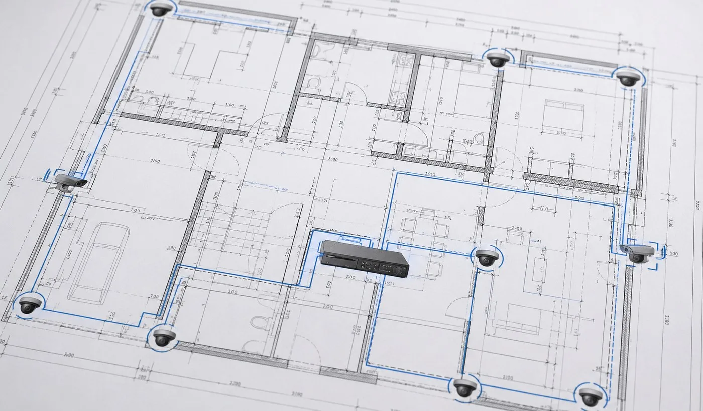 CCTV camera layout design on a building floor plan